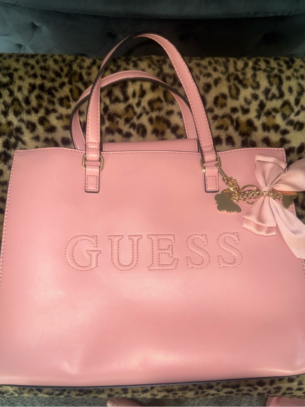 GUESS Pink Tote with Embossed Logo and Bow Charm